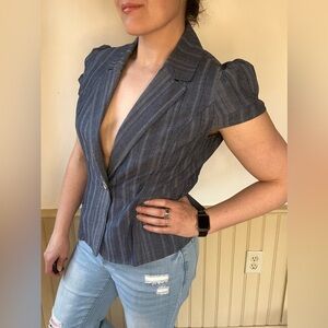 Motto Cropped Denim Vest Blouse Blue Embroidered Cap Short Sleeve Women’s M